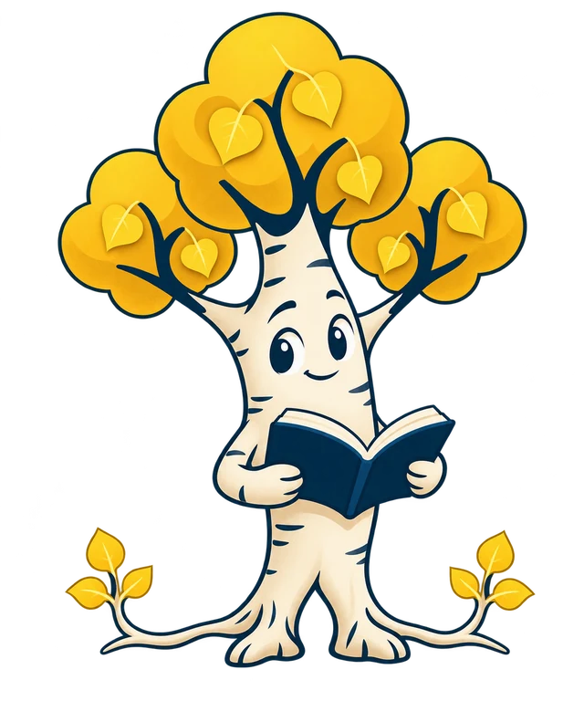 The Pando Learning mascot, an aspen tree reading a book, with two small shoots growing from its roots